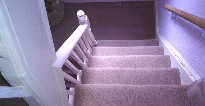 Landing at the top of a staircase with beige carpet and white railing, highlighting mobility and accessibility considerations for diverse populations in frailty and ethnicity research.