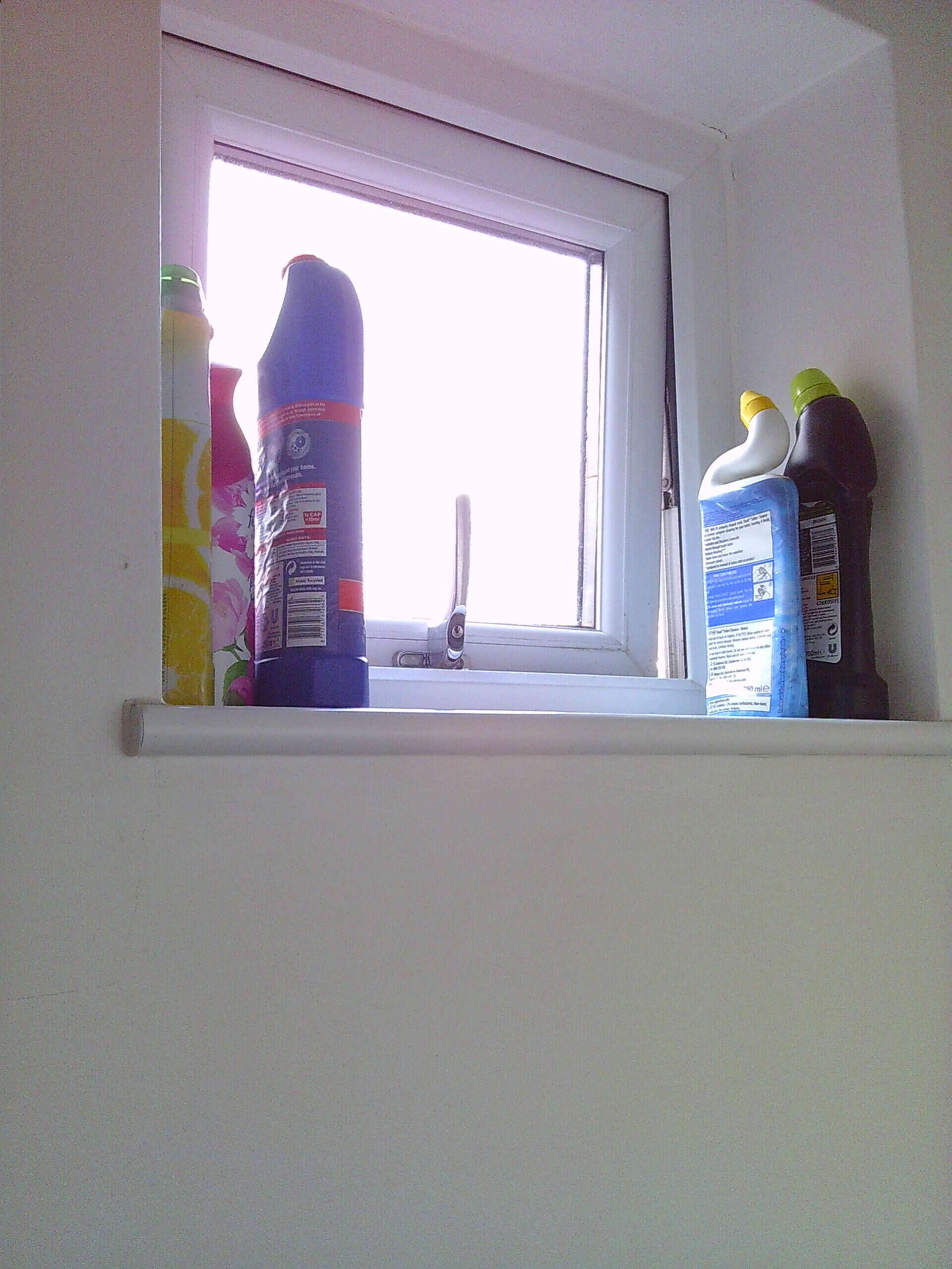 Cleaning products on a window ledge inside a house, showing a variety of bottles including bleach and spray cleaners.